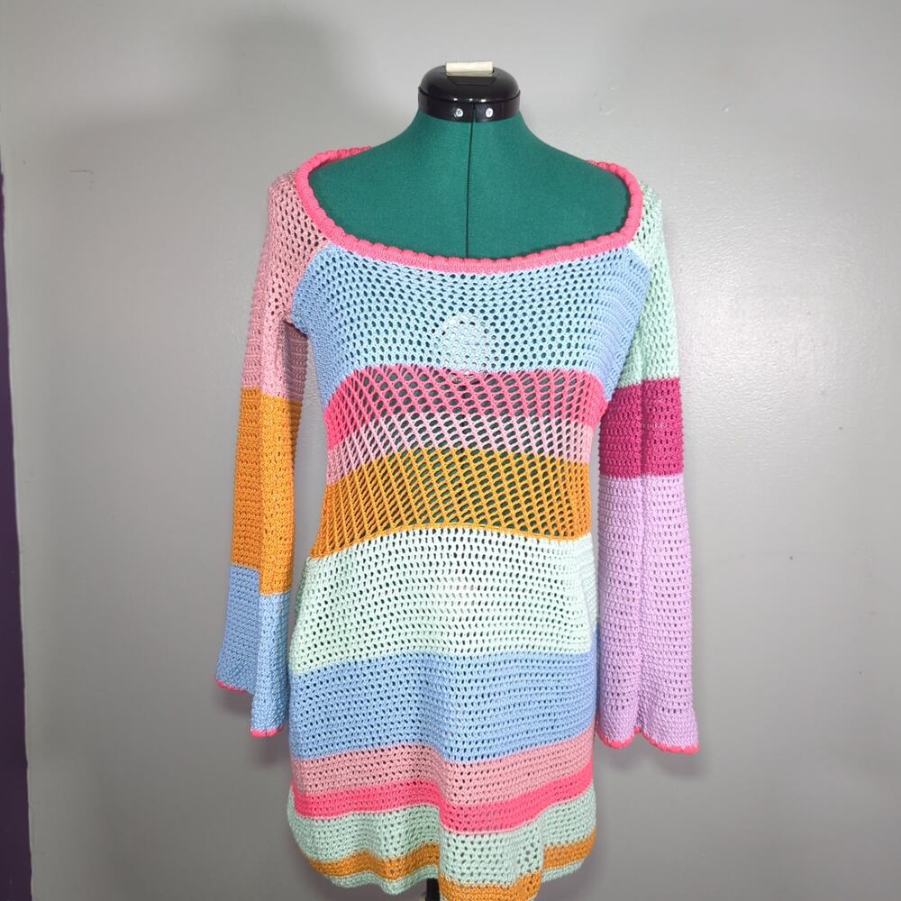 Pastel Crochet Knit Tunic Top Medium Y2K Fairycore Coquette Festival Boho